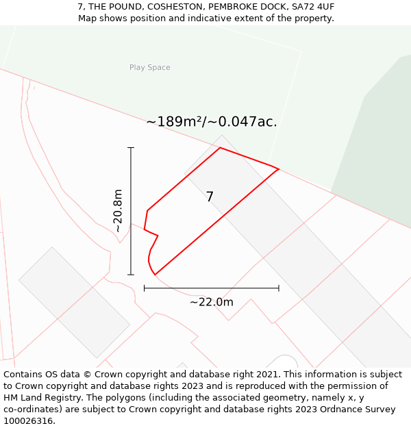 7, THE POUND, COSHESTON, PEMBROKE DOCK, SA72 4UF: Plot and title map