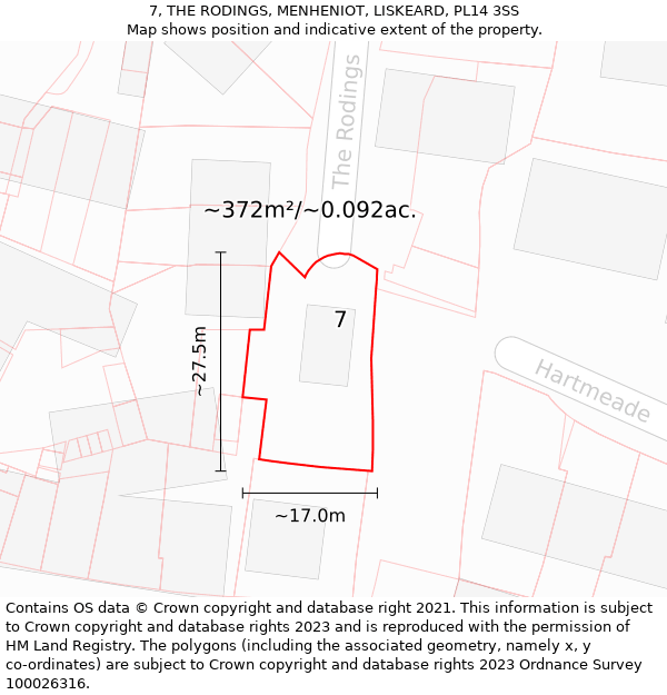 7, THE RODINGS, MENHENIOT, LISKEARD, PL14 3SS: Plot and title map