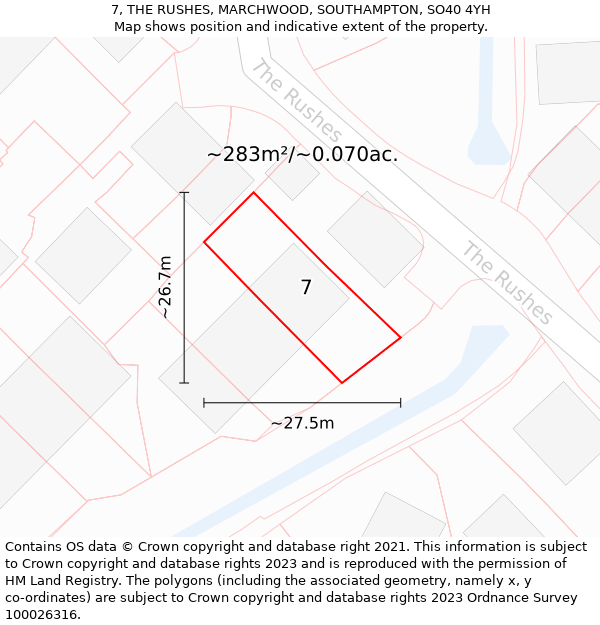 7, THE RUSHES, MARCHWOOD, SOUTHAMPTON, SO40 4YH: Plot and title map