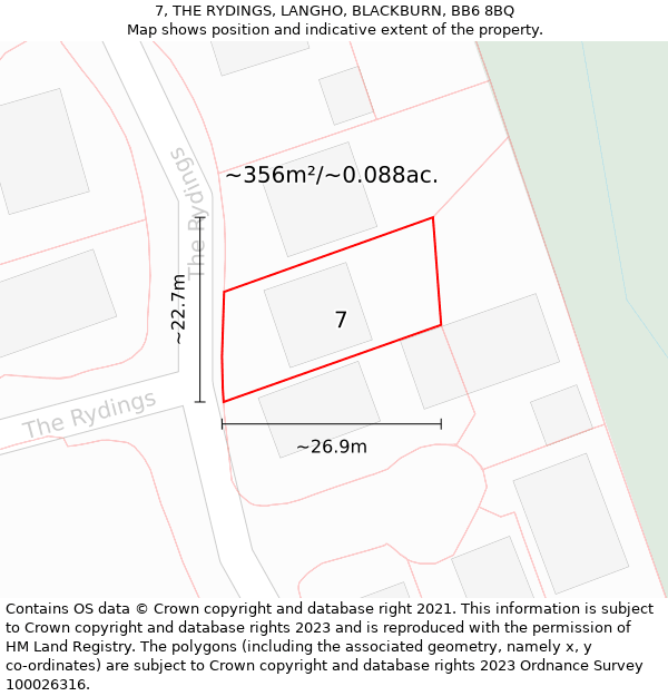 7, THE RYDINGS, LANGHO, BLACKBURN, BB6 8BQ: Plot and title map