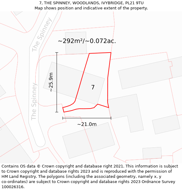 7, THE SPINNEY, WOODLANDS, IVYBRIDGE, PL21 9TU: Plot and title map