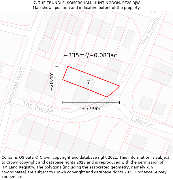7, THE TRUNDLE, SOMERSHAM, HUNTINGDON, PE28 3JW: Plot and title map