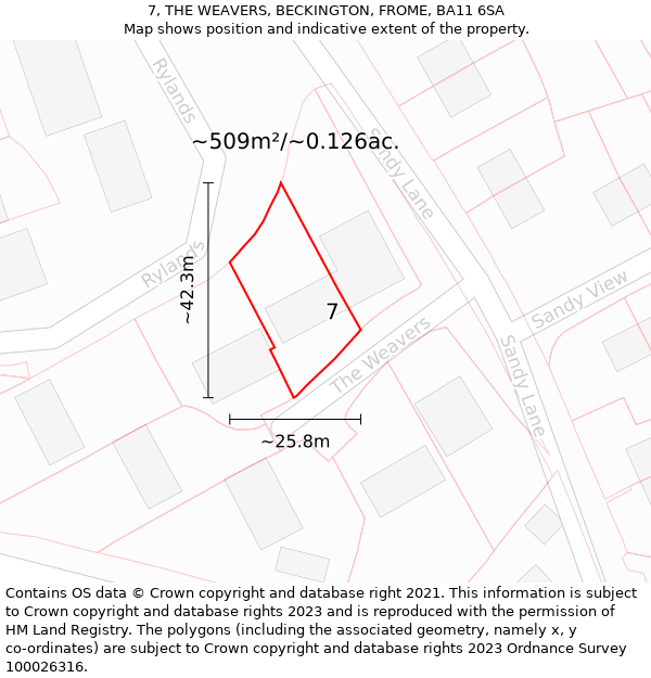 7, THE WEAVERS, BECKINGTON, FROME, BA11 6SA: Plot and title map