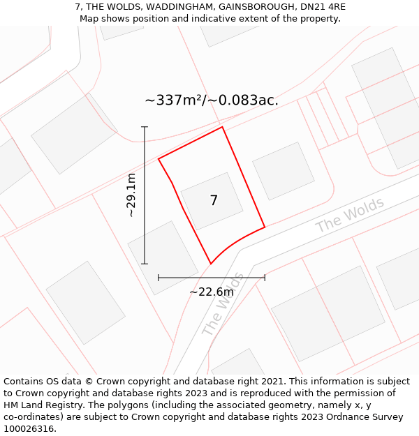 7, THE WOLDS, WADDINGHAM, GAINSBOROUGH, DN21 4RE: Plot and title map