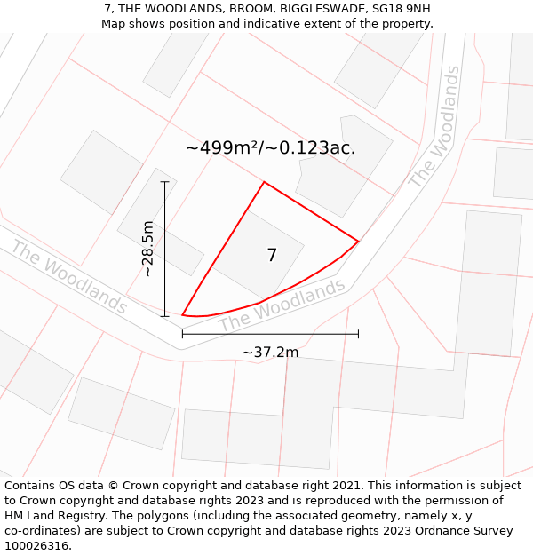 7, THE WOODLANDS, BROOM, BIGGLESWADE, SG18 9NH: Plot and title map