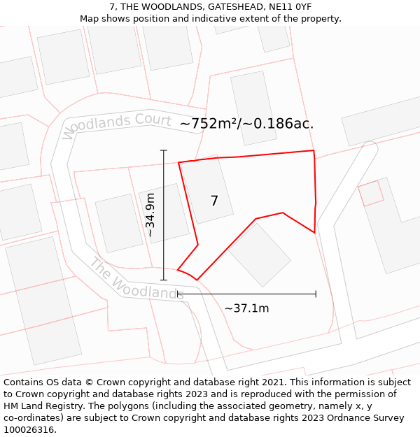 7, THE WOODLANDS, GATESHEAD, NE11 0YF: Plot and title map