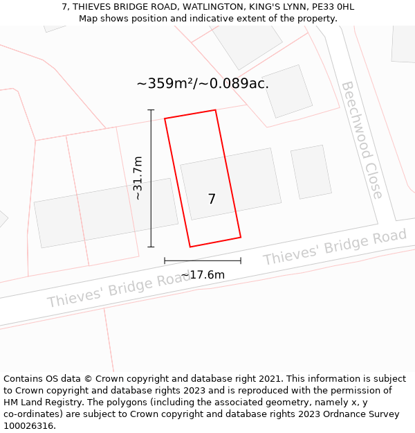 7, THIEVES BRIDGE ROAD, WATLINGTON, KING'S LYNN, PE33 0HL: Plot and title map