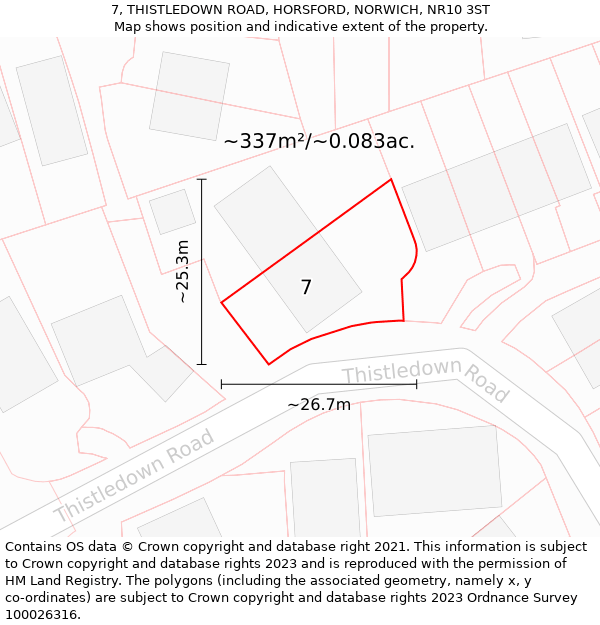 7, THISTLEDOWN ROAD, HORSFORD, NORWICH, NR10 3ST: Plot and title map