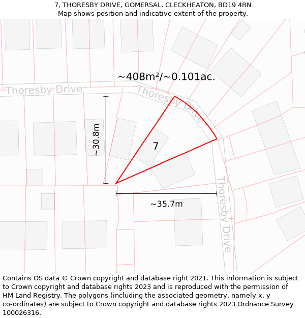 7, THORESBY DRIVE, GOMERSAL, CLECKHEATON, BD19 4RN: Plot and title map