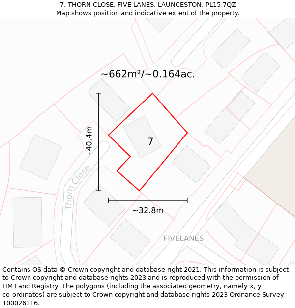 7, THORN CLOSE, FIVE LANES, LAUNCESTON, PL15 7QZ: Plot and title map