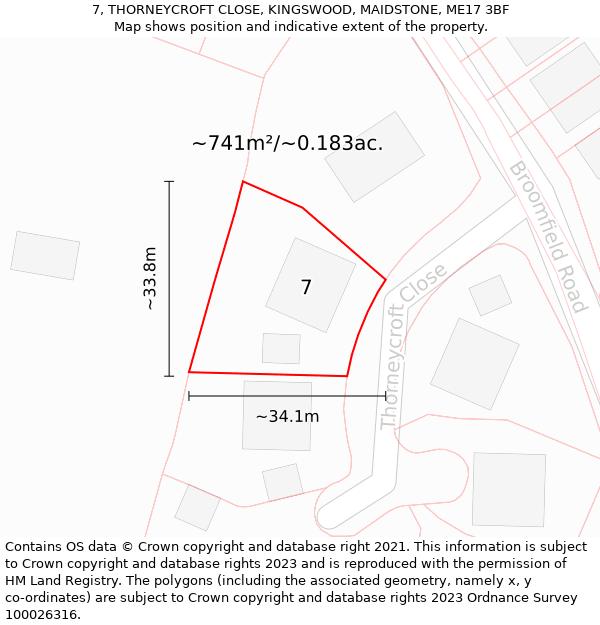 7, THORNEYCROFT CLOSE, KINGSWOOD, MAIDSTONE, ME17 3BF: Plot and title map