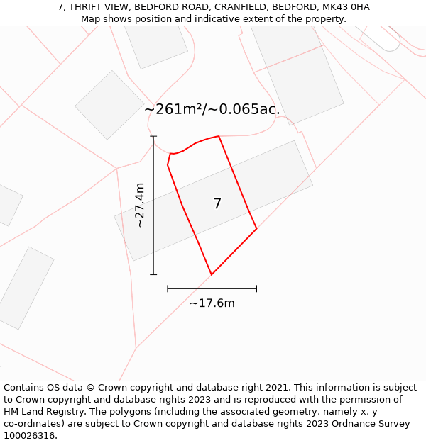 7, THRIFT VIEW, BEDFORD ROAD, CRANFIELD, BEDFORD, MK43 0HA: Plot and title map