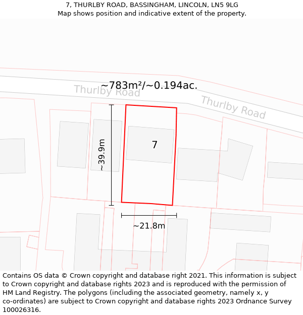 7, THURLBY ROAD, BASSINGHAM, LINCOLN, LN5 9LG: Plot and title map