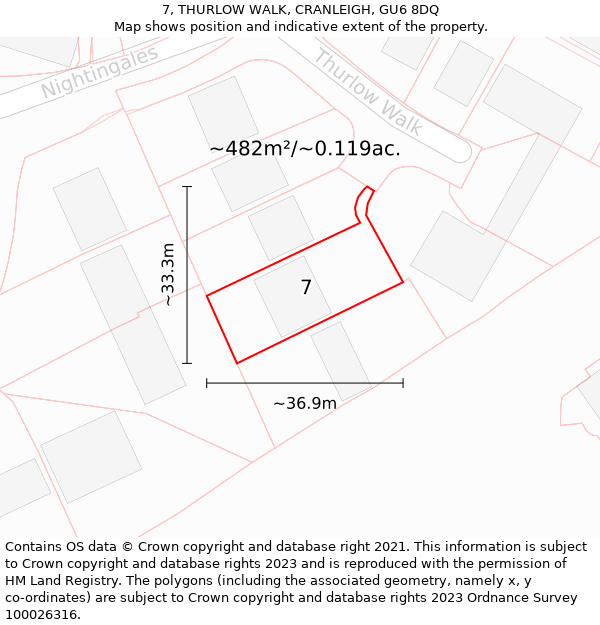 7, THURLOW WALK, CRANLEIGH, GU6 8DQ: Plot and title map