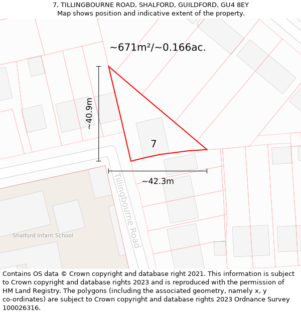 7, TILLINGBOURNE ROAD, SHALFORD, GUILDFORD, GU4 8EY: Plot and title map