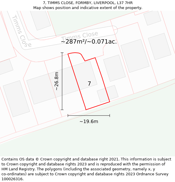 7, TIMMS CLOSE, FORMBY, LIVERPOOL, L37 7HR: Plot and title map