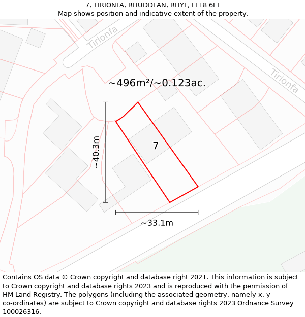 7, TIRIONFA, RHUDDLAN, RHYL, LL18 6LT: Plot and title map