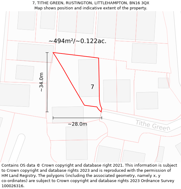7, TITHE GREEN, RUSTINGTON, LITTLEHAMPTON, BN16 3QX: Plot and title map