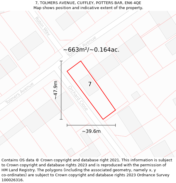 7, TOLMERS AVENUE, CUFFLEY, POTTERS BAR, EN6 4QE: Plot and title map