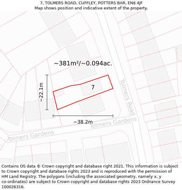 7, TOLMERS ROAD, CUFFLEY, POTTERS BAR, EN6 4JF: Plot and title map