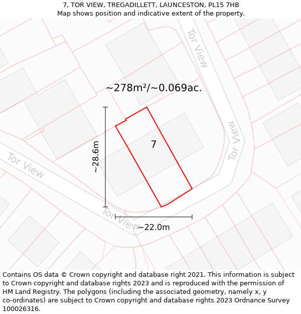 7, TOR VIEW, TREGADILLETT, LAUNCESTON, PL15 7HB: Plot and title map