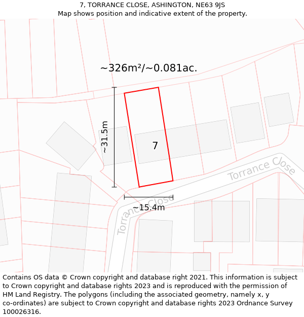 7, TORRANCE CLOSE, ASHINGTON, NE63 9JS: Plot and title map