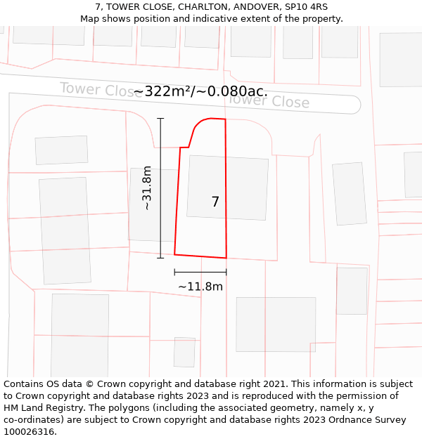 7, TOWER CLOSE, CHARLTON, ANDOVER, SP10 4RS: Plot and title map