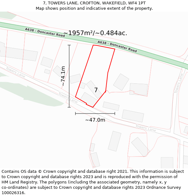 7, TOWERS LANE, CROFTON, WAKEFIELD, WF4 1PT: Plot and title map