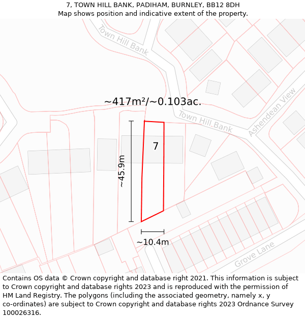 7, TOWN HILL BANK, PADIHAM, BURNLEY, BB12 8DH: Plot and title map
