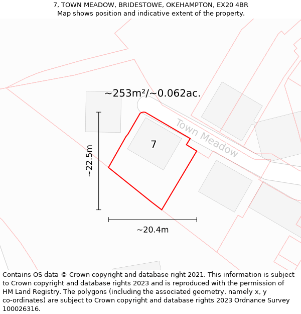 7, TOWN MEADOW, BRIDESTOWE, OKEHAMPTON, EX20 4BR: Plot and title map
