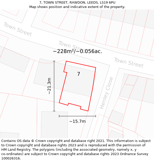 7, TOWN STREET, RAWDON, LEEDS, LS19 6PU: Plot and title map