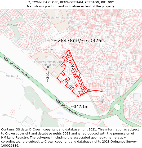 7, TOWNLEA CLOSE, PENWORTHAM, PRESTON, PR1 0NY: Plot and title map