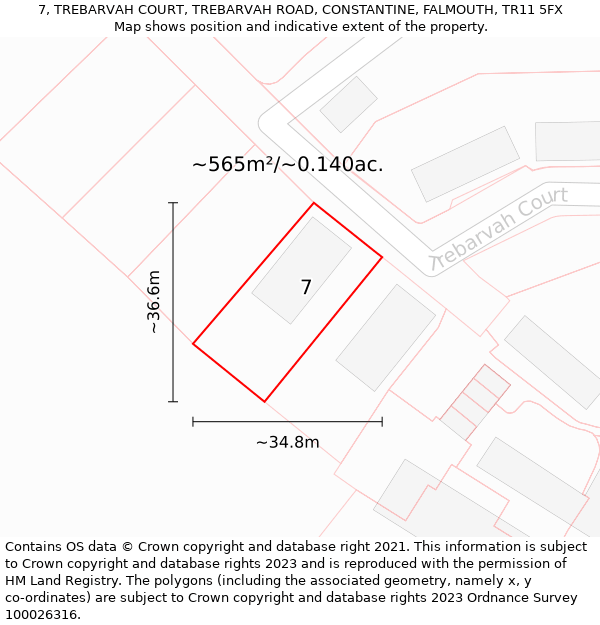 7, TREBARVAH COURT, TREBARVAH ROAD, CONSTANTINE, FALMOUTH, TR11 5FX: Plot and title map