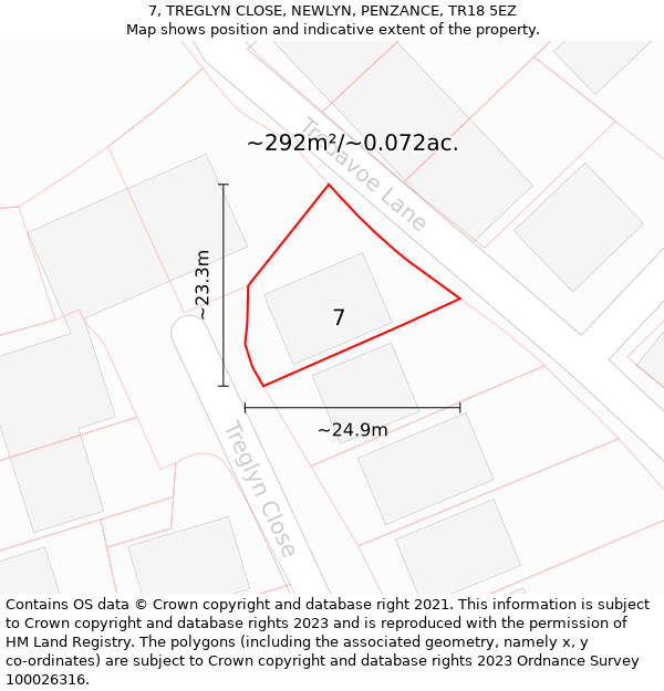 7, TREGLYN CLOSE, NEWLYN, PENZANCE, TR18 5EZ: Plot and title map