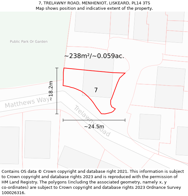 7, TRELAWNY ROAD, MENHENIOT, LISKEARD, PL14 3TS: Plot and title map