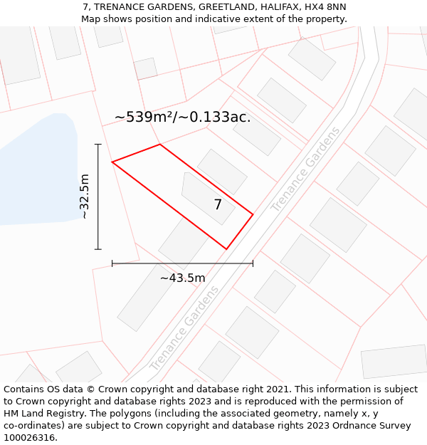 7, TRENANCE GARDENS, GREETLAND, HALIFAX, HX4 8NN: Plot and title map