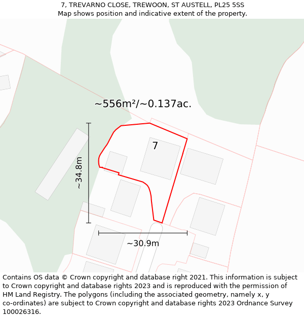 7, TREVARNO CLOSE, TREWOON, ST AUSTELL, PL25 5SS: Plot and title map