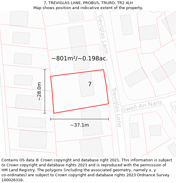 7, TREVIGLAS LANE, PROBUS, TRURO, TR2 4LH: Plot and title map