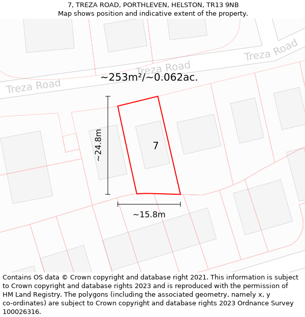 7, TREZA ROAD, PORTHLEVEN, HELSTON, TR13 9NB: Plot and title map