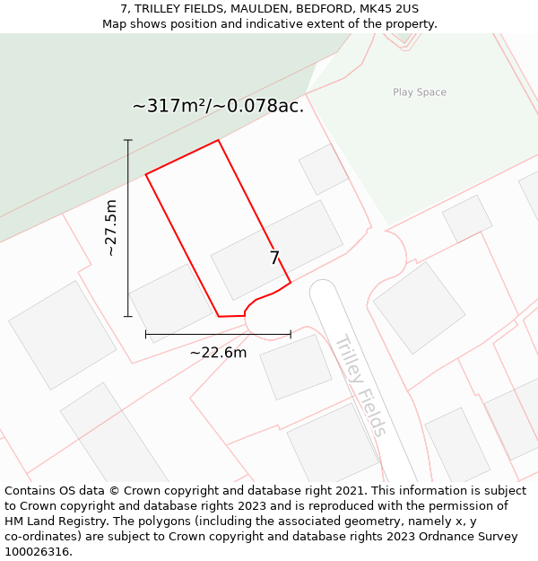 7, TRILLEY FIELDS, MAULDEN, BEDFORD, MK45 2US: Plot and title map