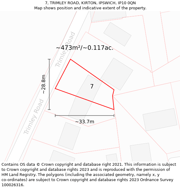 7, TRIMLEY ROAD, KIRTON, IPSWICH, IP10 0QN: Plot and title map