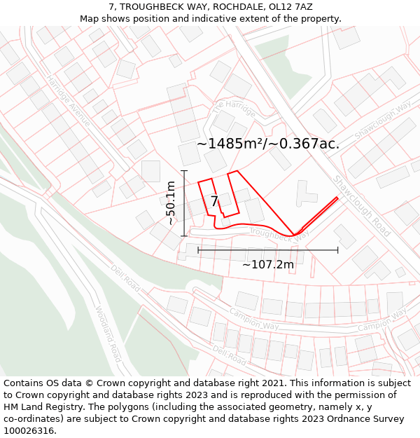 7, TROUGHBECK WAY, ROCHDALE, OL12 7AZ: Plot and title map