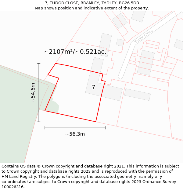 7, TUDOR CLOSE, BRAMLEY, TADLEY, RG26 5DB: Plot and title map