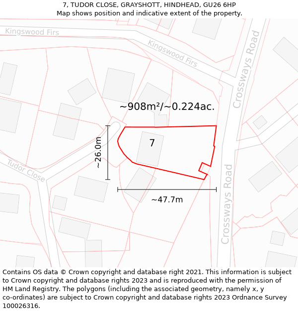 7, TUDOR CLOSE, GRAYSHOTT, HINDHEAD, GU26 6HP: Plot and title map