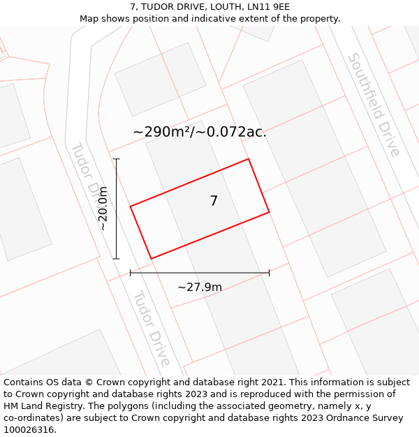 7, TUDOR DRIVE, LOUTH, LN11 9EE: Plot and title map