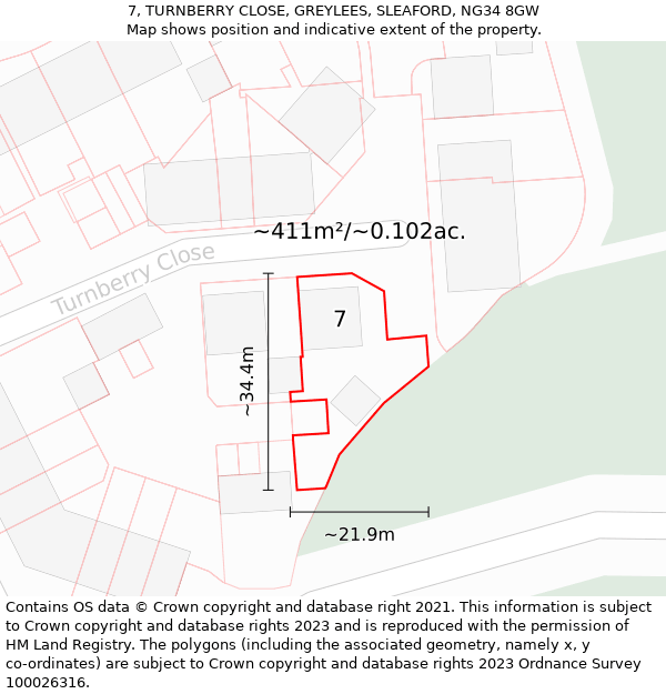 7, TURNBERRY CLOSE, GREYLEES, SLEAFORD, NG34 8GW: Plot and title map