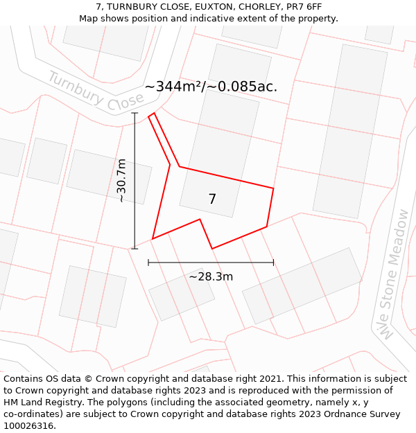 7, TURNBURY CLOSE, EUXTON, CHORLEY, PR7 6FF: Plot and title map