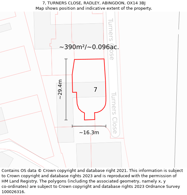 7, TURNERS CLOSE, RADLEY, ABINGDON, OX14 3BJ: Plot and title map