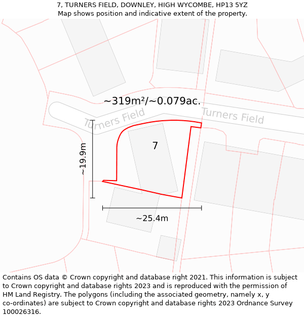 7, TURNERS FIELD, DOWNLEY, HIGH WYCOMBE, HP13 5YZ: Plot and title map