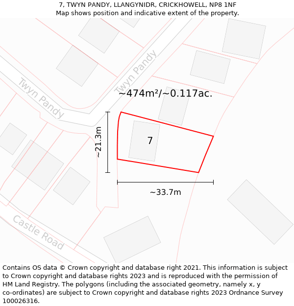 7, TWYN PANDY, LLANGYNIDR, CRICKHOWELL, NP8 1NF: Plot and title map